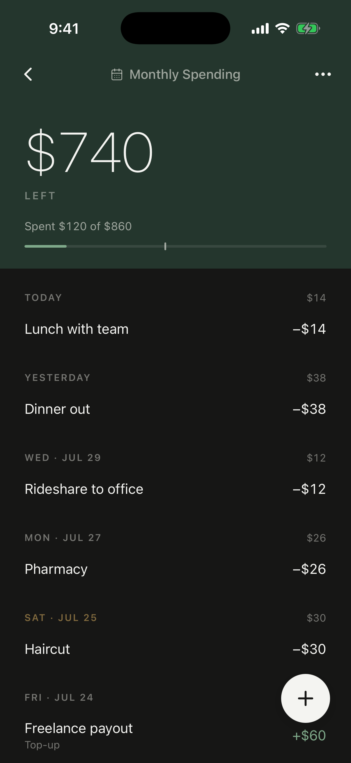 A budget detail screen in dark mode