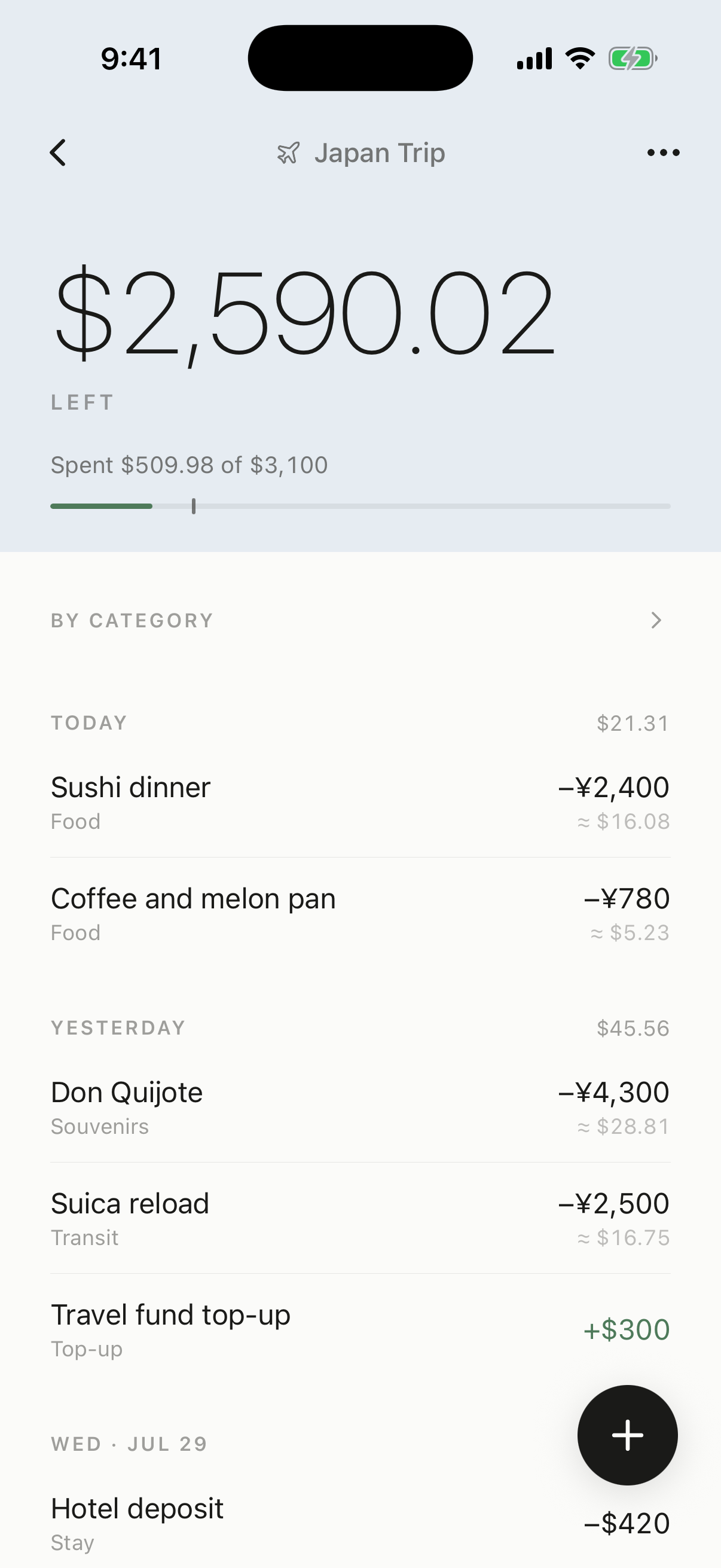 A pocket with one large remaining amount above its ledger of expenses