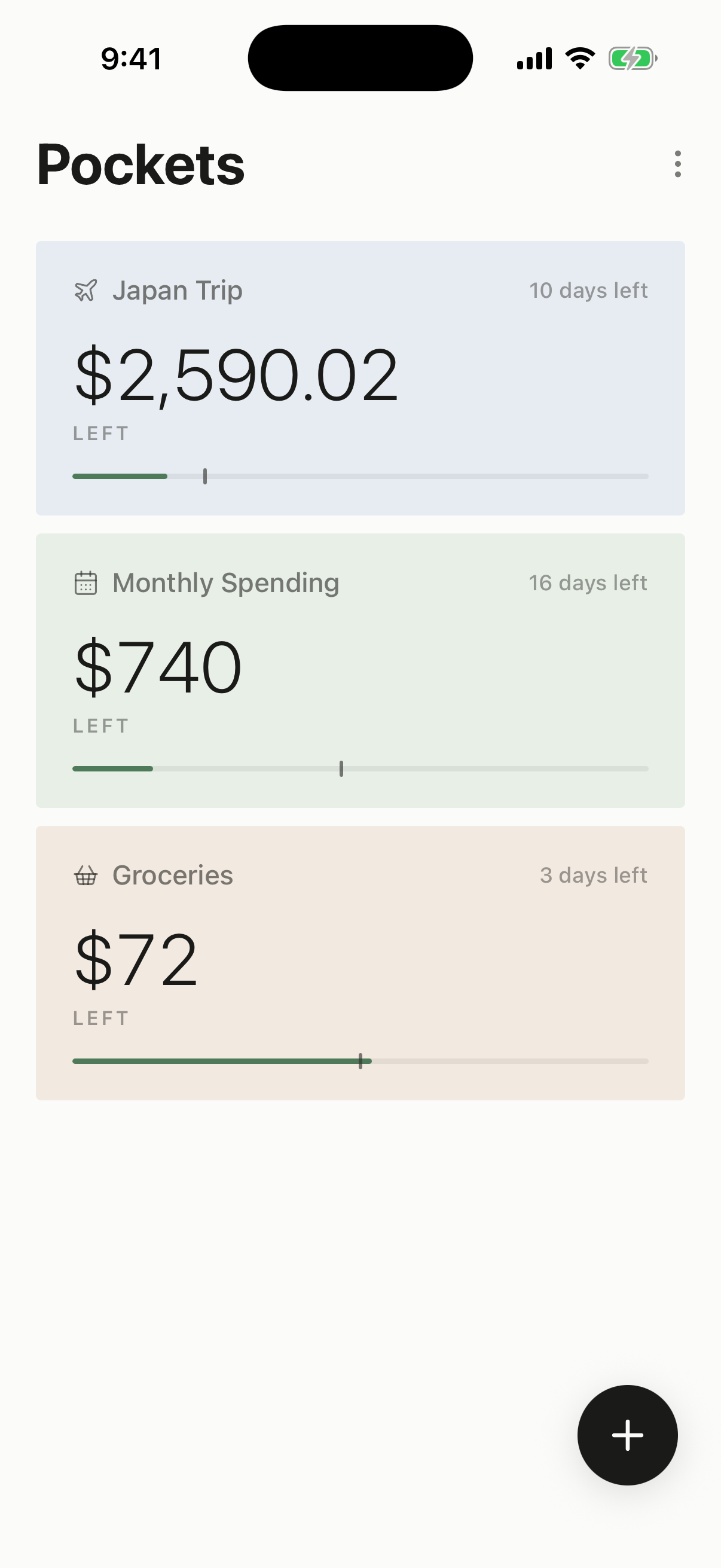 One Pocket home screen listing budgets